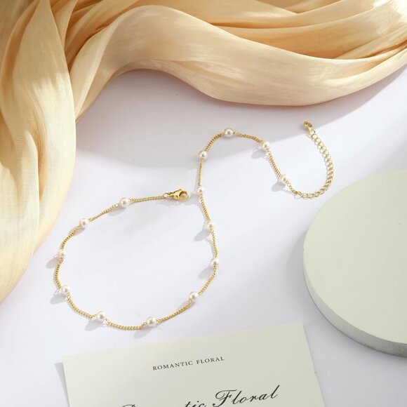 Women's Choker Gold Pearl Necklace 14k Gold Plated Dainty Pearl Necklace Choker - Picture 7 of 7